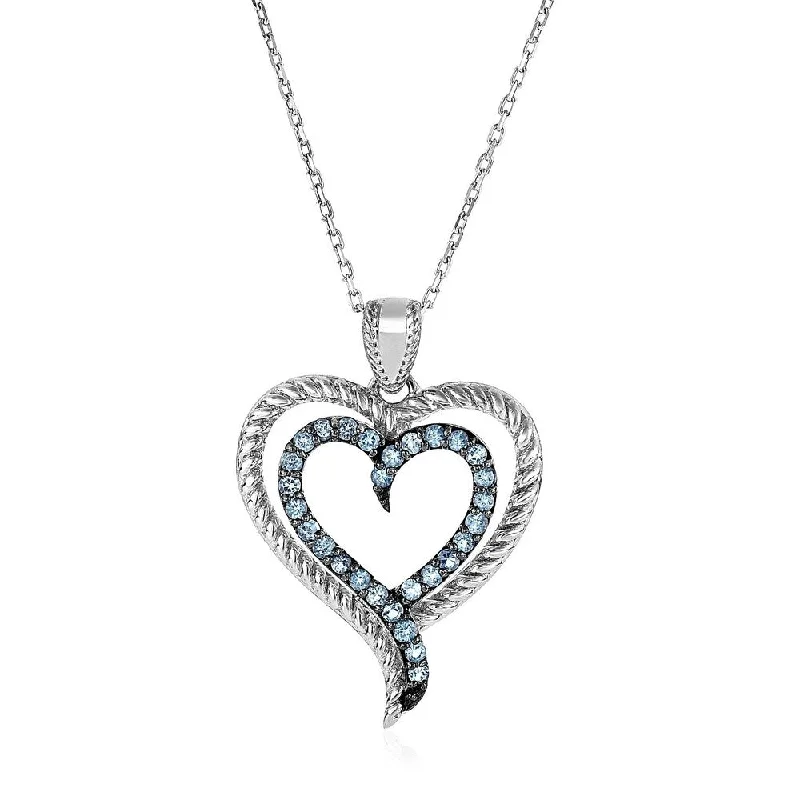 romantic heart necklace for girlfriend -Sterling Silver Double Heart Pendant with Blue Topaz