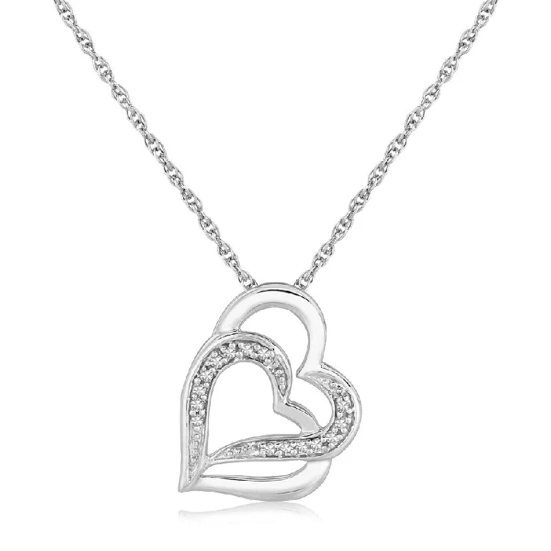 diamond pendant necklace for women -Sterling Silver Dual Heart Motif Pendant with Diamonds (.06 cttw)