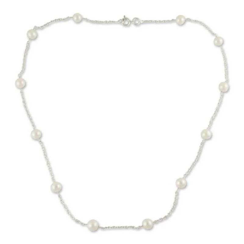 layered gold necklace for women -Sterling Silver 'Jaipur Moons' Pearl Necklace (6 mm)