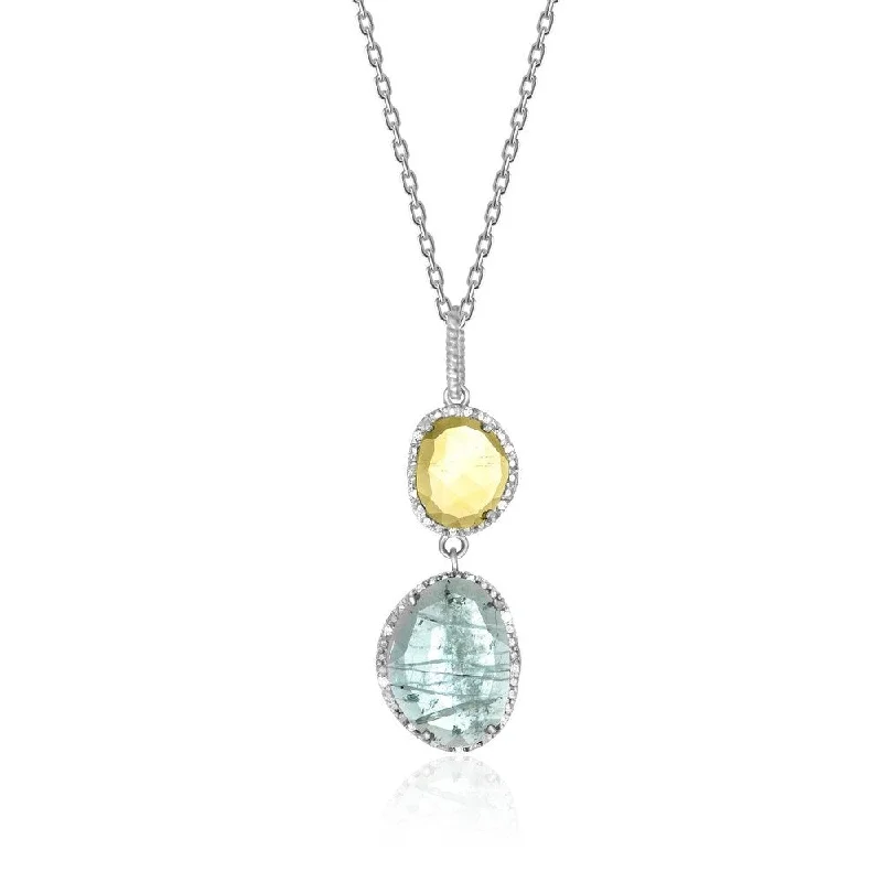 gold initial necklace for layering -Sterling Silver Layered Blue Topaz Citrine and Diamond Pendant