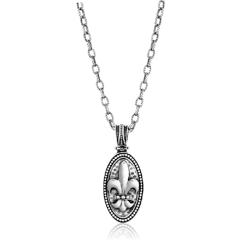 antique locket necklace for keepsakes -Sterling Silver Oval Fleur De Lis Pendant with Diamonds