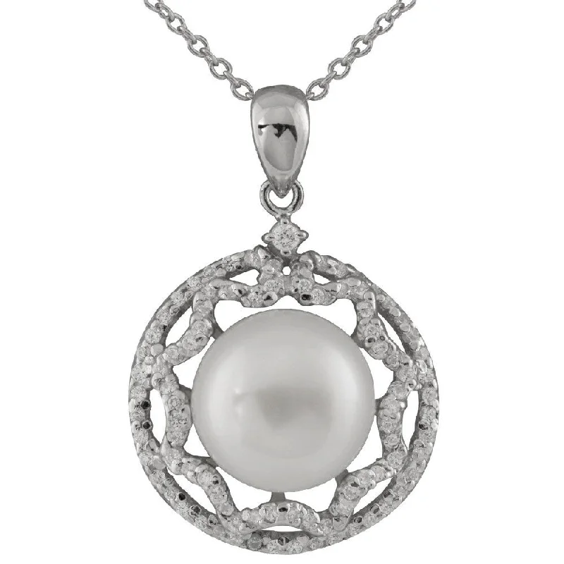 sterling silver necklace for men -Sterling Silver Pearl and Cubic Zirconia Halo Pendant Necklace - White