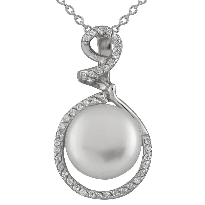 heart pendant necklace for women -Sterling Silver Pearl and Cubic Zirconia Large Button Pendant Necklace - White