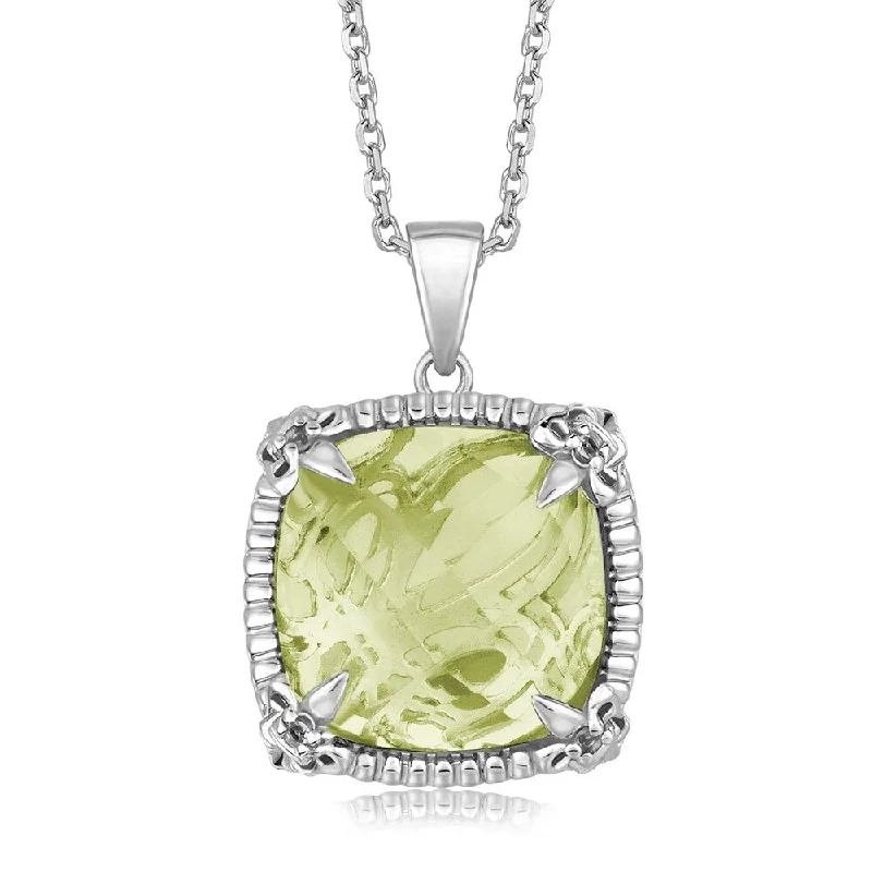 geometric pendant necklace for women -Sterling Silver Pendant with with White Sapphire Embellished Green Amethyst