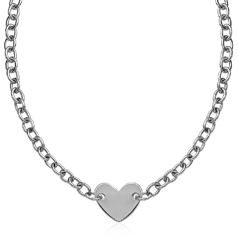 bohemian style necklace for women -Sterling Silver Rhodium Plated Chain Bracelet with a Flat Heart Motif Station