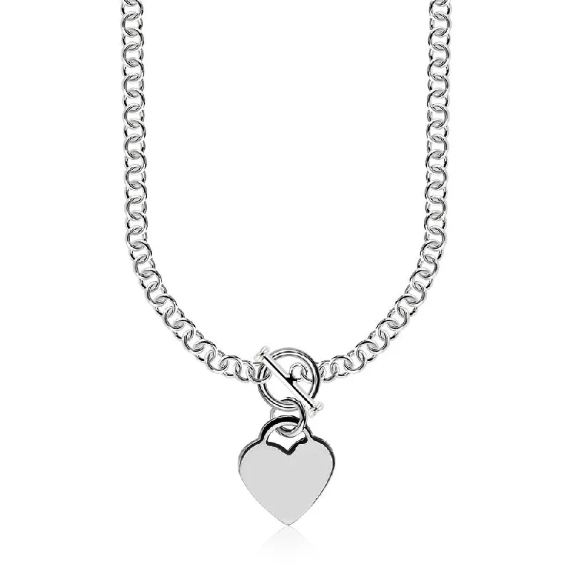 vintage gold necklace for women -Sterling Silver Rhodium Plated Rolo Chain Necklace with a Heart Toggle Charm