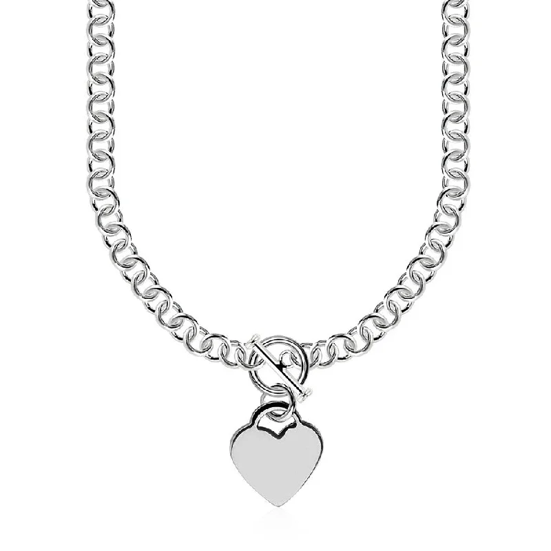 choker necklace for women -Sterling Silver Rolo Chain with a Heart Toggle Charm and Rhodium Plating