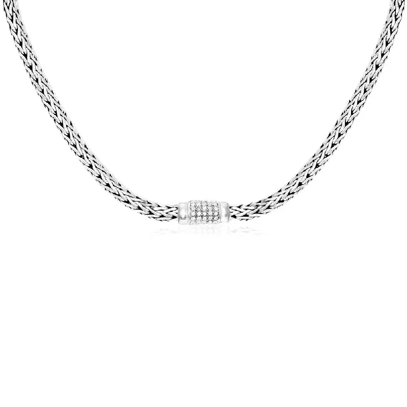 men’s cross pendant necklace -Sterling Silver Woven Necklace with White Sapphire Accents