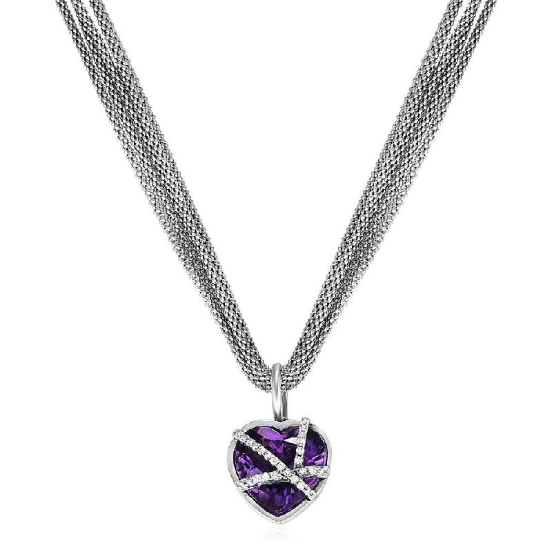 gold locket necklace for photos -Woven Necklace with Amethyst Heart Pendant and Diamonds in Sterling Silver