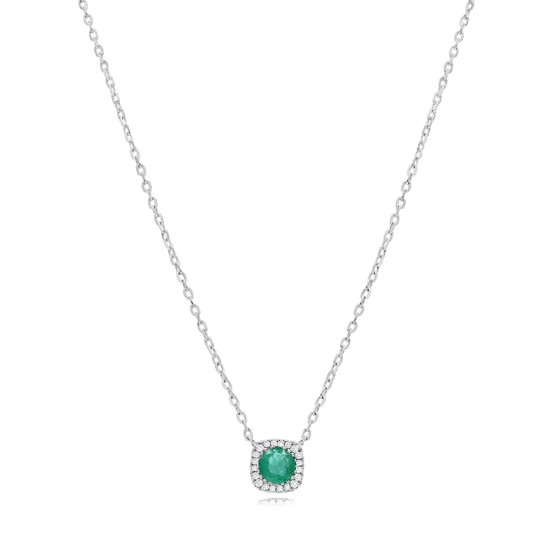 small pendant necklace for minimalist style -0.04ct Diamond and 0.24ct Emerald Necklace set in 14KT White Gold / NT402277N