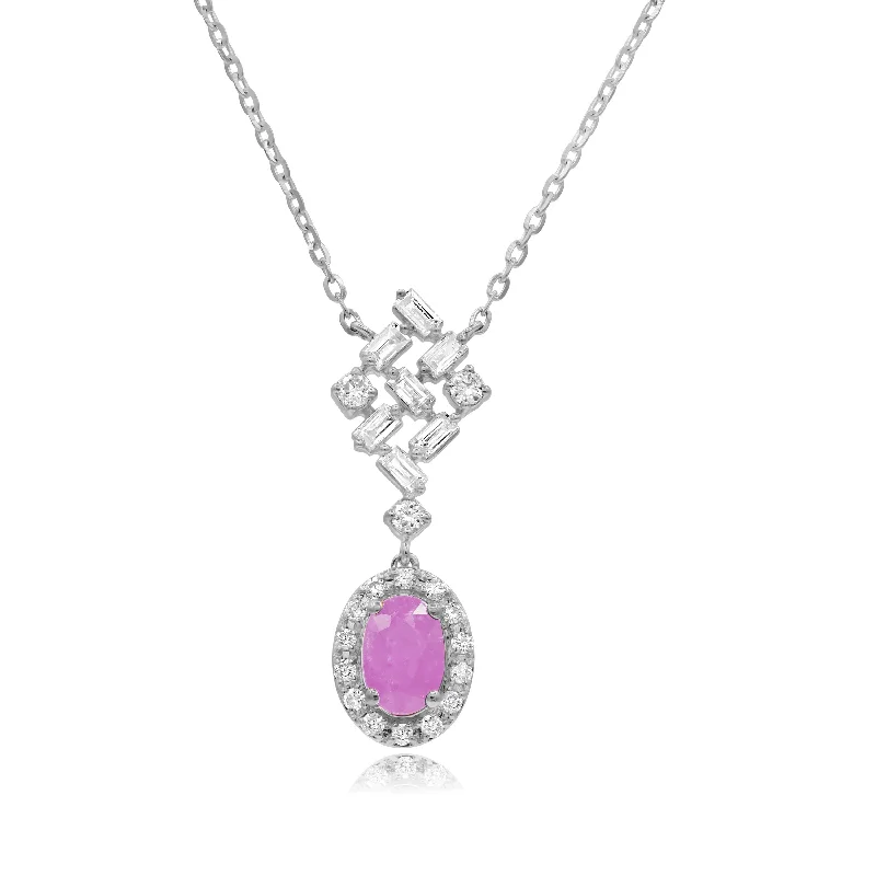 double heart necklace for couples -0.28ct Diamond and 0.43ct Pink Sapphire Necklace set in 14KT White Gold / NT401677E