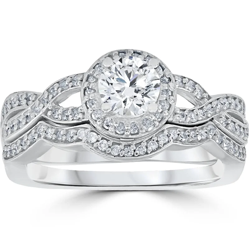 designer engagement ring for women -1 1/10ct Curve Engagement Ring & Matching Wedding Band 14K White Gold