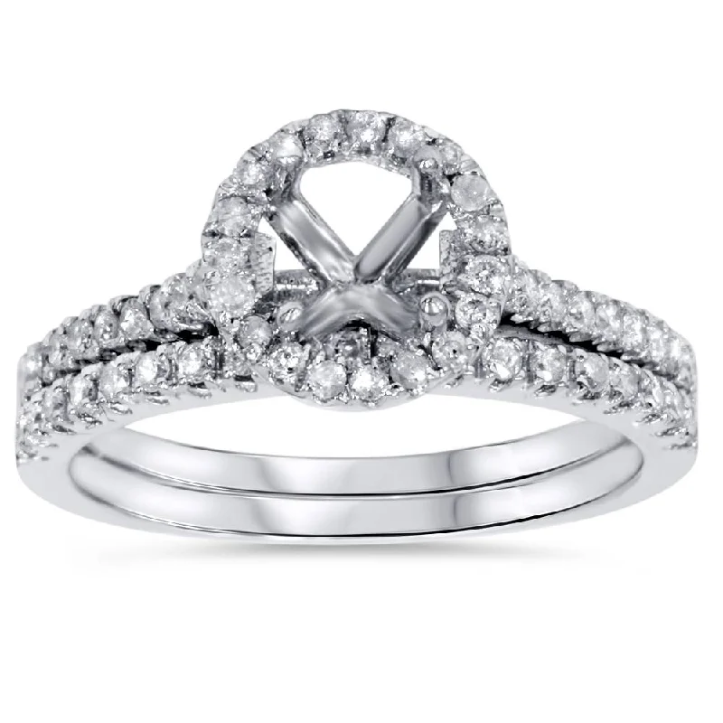 white gold wedding band for men -1/2ct Halo Diamond Engagement Wedding Ring Set 14K White Gold