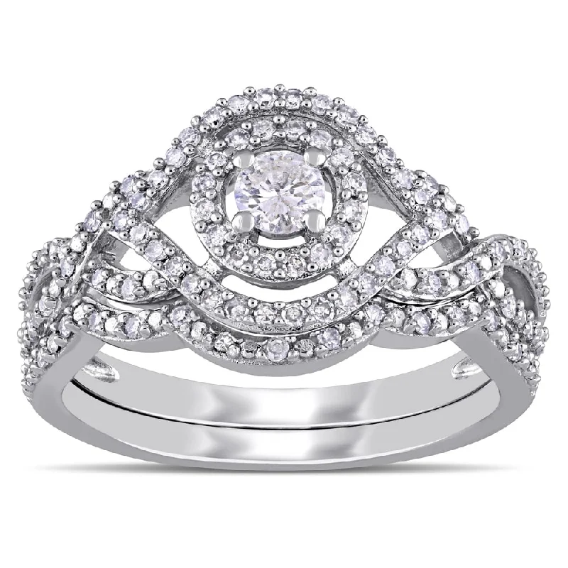 cubic zirconia ring for women -1/2ct TDW Diamond Halo Crossover Bridal Ring Set in 10k White Gold by Miadora