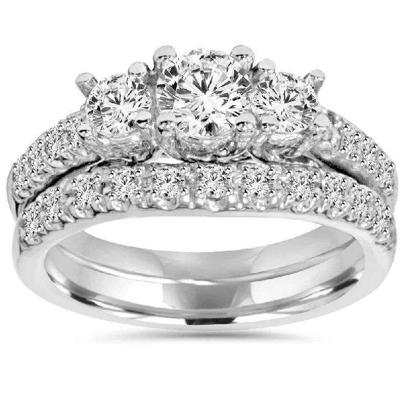 vintage engagement ring for women -1 5/8ct Diamond Engagement 3-Stone Ring & Matching Wedding Band 14K White Gold