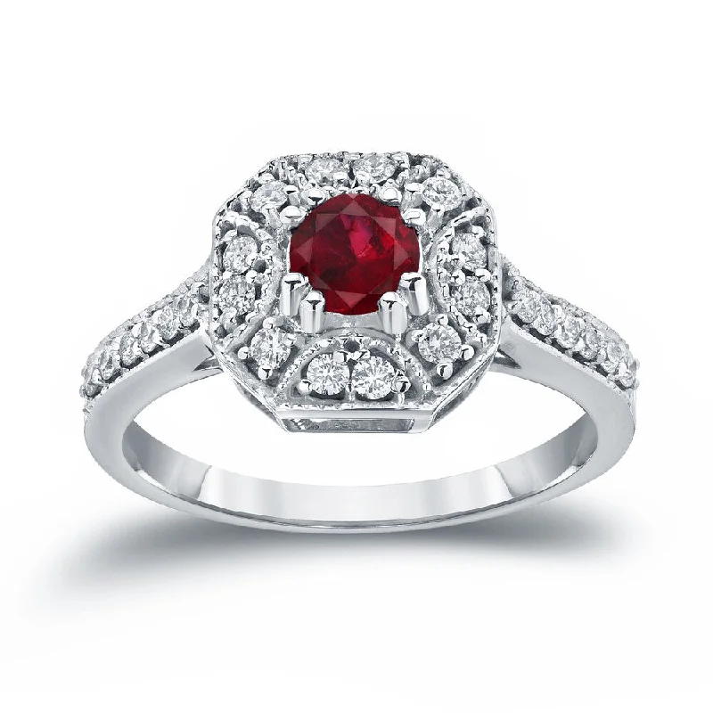 adjustable ring for women -14k Gold 1/2ct Ruby and 1/3ct TDW Diamond Cluster Engagement Ring by Auriya