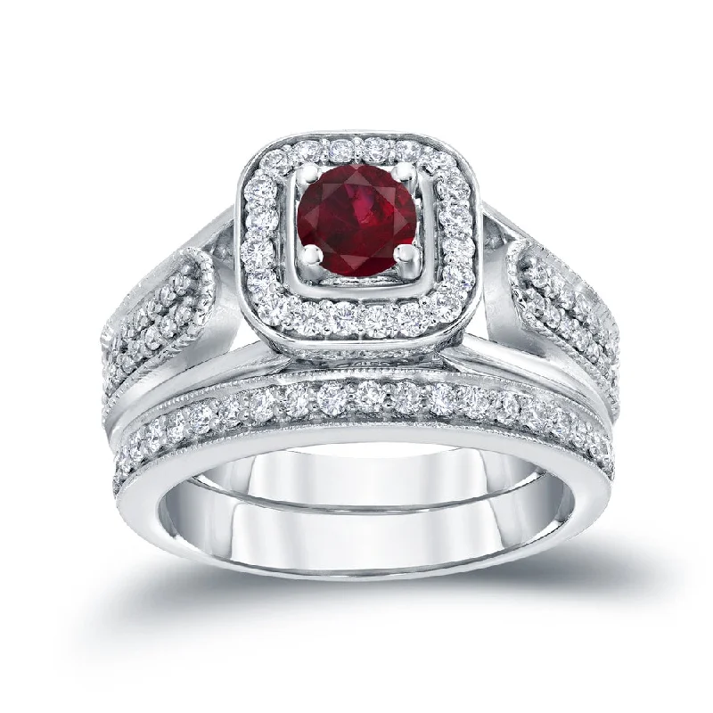 antique style ring for women -14k Gold 1/6ct Ruby and 1/2ct TDW Halo Diamond Engagement Ring Set