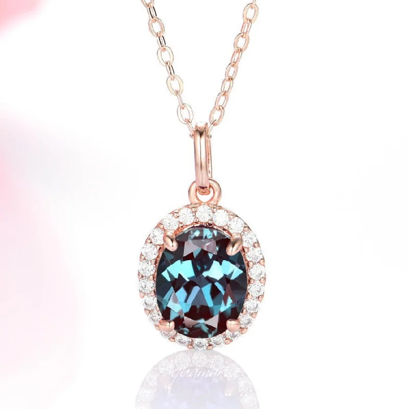 vintage silver necklace for women -Iris Halo Oval Alexandrite & Diamond Necklace- 14K Solid Rose Gold