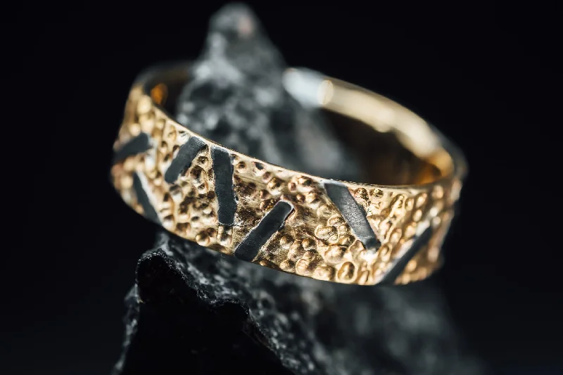 custom engraved ring for couples -14k Yellow Gold and Oxidized Silver Textured Band