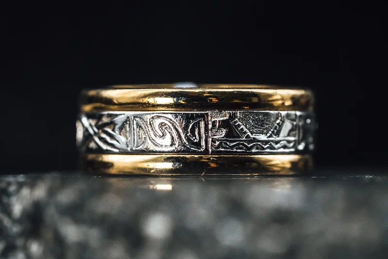 Celtic knot ring for men -18k Yellow Gold and Engraved Platinum Band