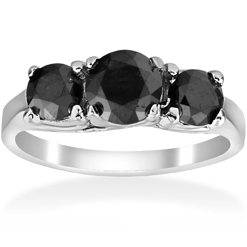 black gold ring for women -2 1/3ct Three Stone Black Diamond Engagement Ring 14K White Gold