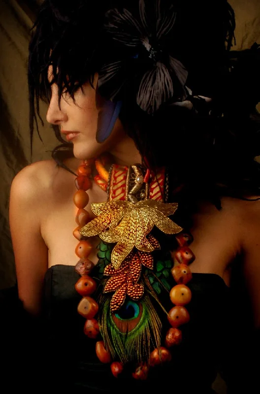 celestial necklace for women -Silk Road Necklace of African Beaded Triple with Green Feathers