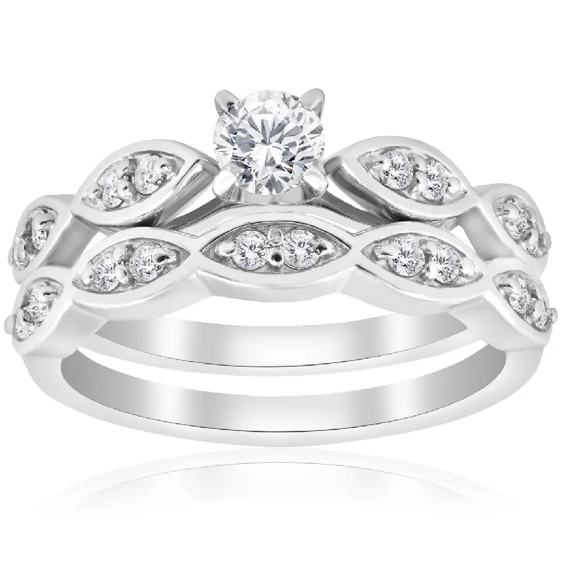 crystal ring for women -3/4ct Vintage Diamond Engagement Wedding Ring Set 14K White Gold