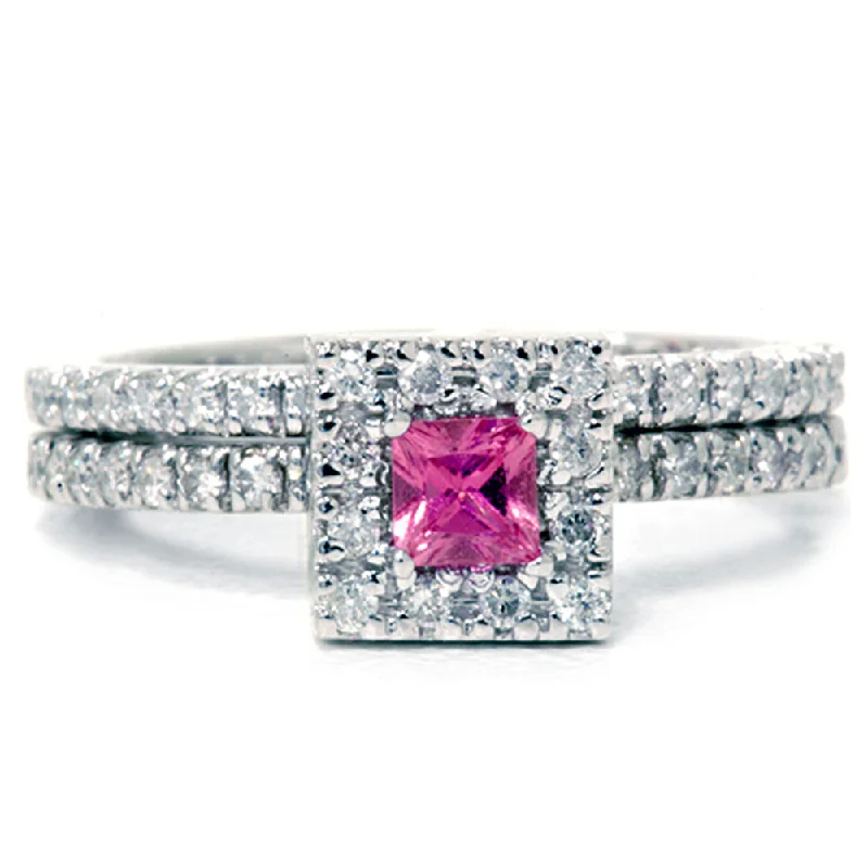 cubic zirconia ring for women -5/8ct Princess Cut Pink Sapphire & Diamond Engagement Wedding Ring Set 14K White Gold