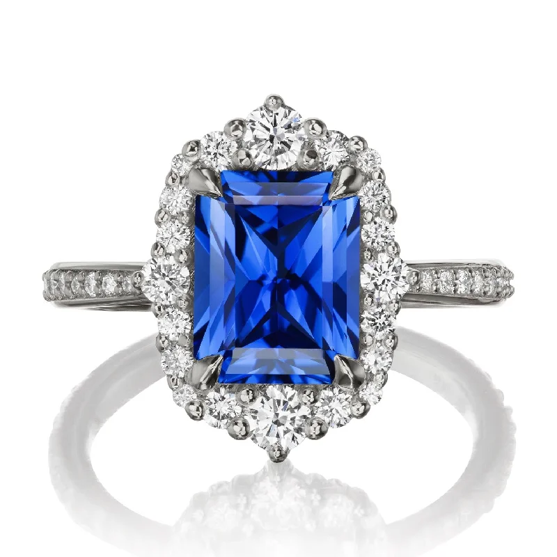 dainty gold ring for women -・ADELINE・Radiant Cut Blue Sapphire Center, Diamond Halo (3.38ctw+)