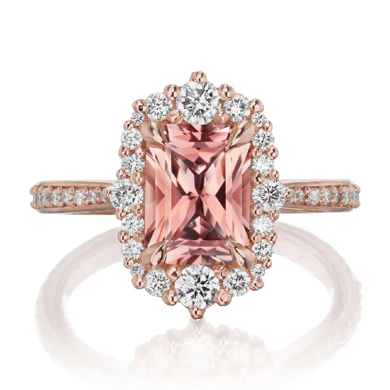 three stone engagement ring -・ADELINE・Radiant Peach Sapphire Center, Diamond Halo (2.31ctw+)