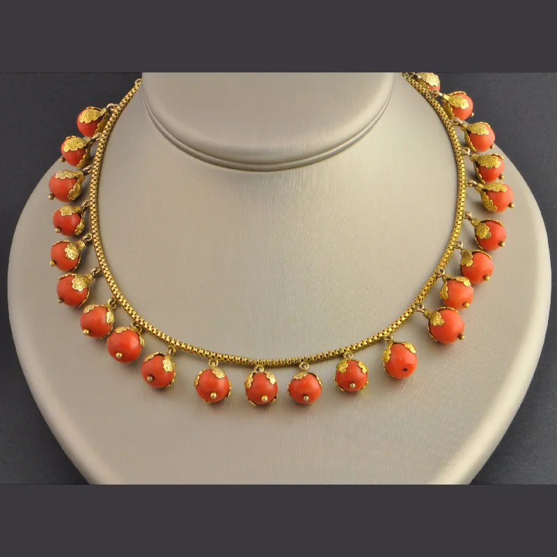 diamond pendant necklace for women -Antique 16" Foliate Style Coral Bead Necklace in Yellow Gold