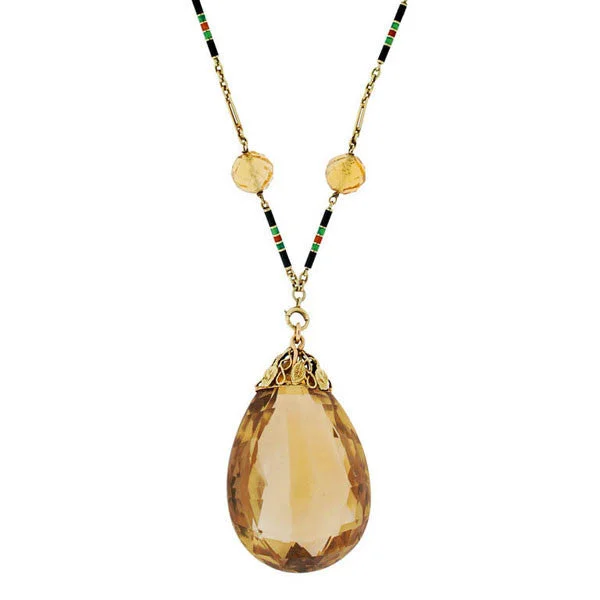 tree of life necklace for women -Art Deco 14kt Large Citrine Drop Enameled Chain Necklace