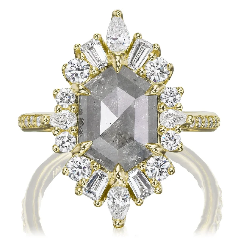 luxury statement ring for women -・ASTERIA・Hexagon Rose Cut Salt + Pepper Diamond Center, Diamond Halo (2.91ctw)