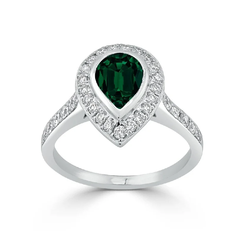 designer engagement ring for women -Auriya 1 1/5ct Pear Shape Green Emerald Halo Diamond Ring 5/8ctw 18K Gold