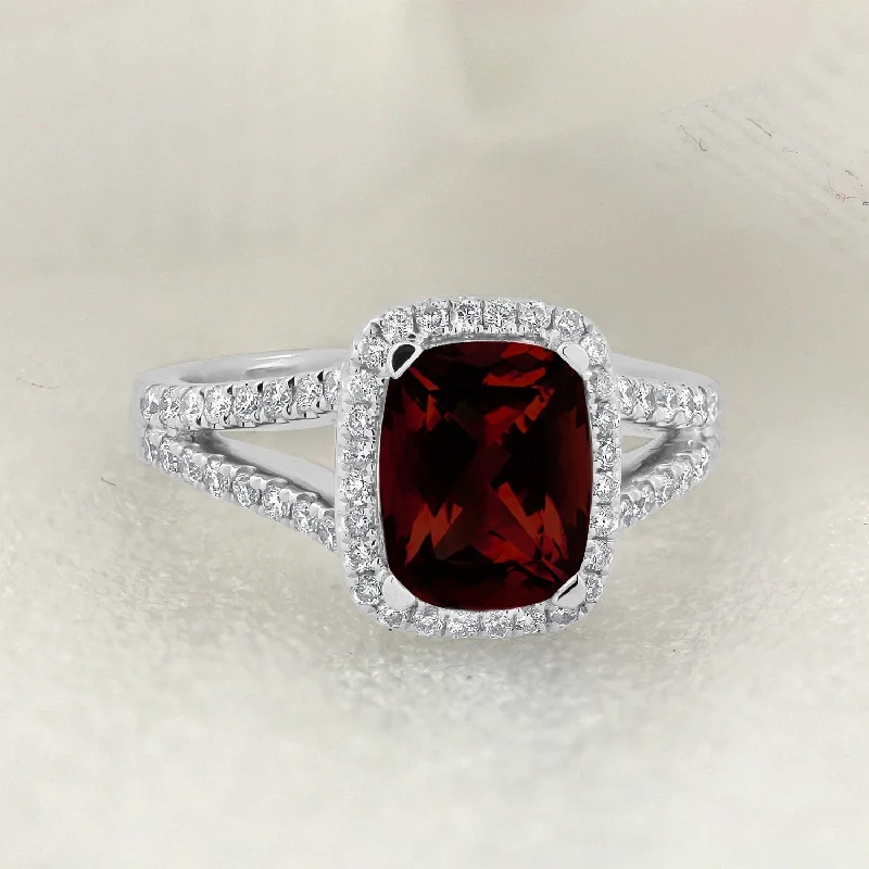 three stone engagement ring -Auriya 1 5/8ct Cushion-cut Garnet and Halo Diamond Engagement Ring 3/8cttw 14K Gold