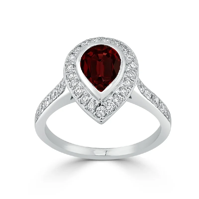 delicate gold ring for layering -Auriya 1 5/8ct Pear Shape Red Garnet Halo Diamond Engagement Ring 5/8ctw 18K Gold