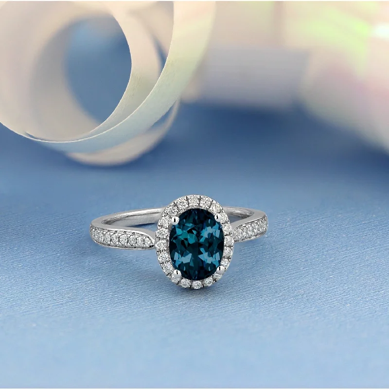 delicate gold ring for layering -Auriya 1 9/10ct Fancy Oval London Blue Topaz Halo Diamond Engagement Ring 1/4ctw 14k Gold