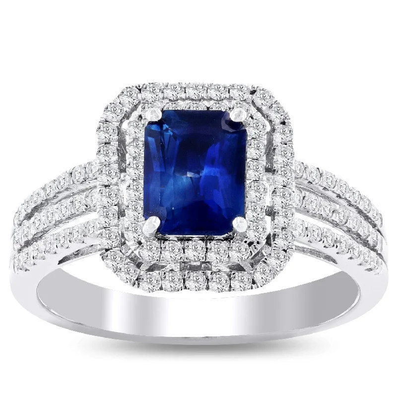 luxury gemstone ring for women -Auriya 18k White Gold 1 1/10ct Emerald-Cut Blue Sapphire and 1/2ctw Halo Diamond Engagement Ring