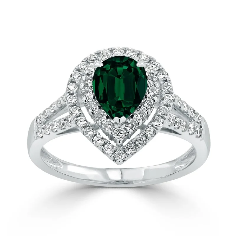 mother-daughter matching rings -Auriya 1ct Pear-cut Green Emerald and Halo Diamond Ring 5/8ctw 18K Gold