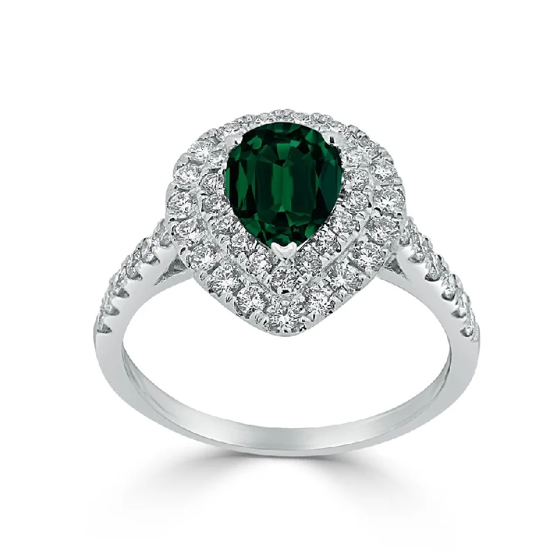 heart shaped ring for women -Auriya 1ct Pear Shape Green Emerald Halo Diamond Engagement Ring 5/8ctw 18K Gold