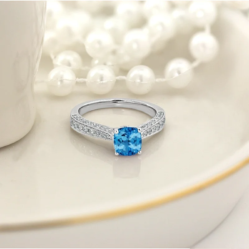 contemporary ring for men -Auriya 1ct Unique Cushion-cut Swiss Blue Topaz and Diamond Engagement Ring 3/8ctw 14k Gold