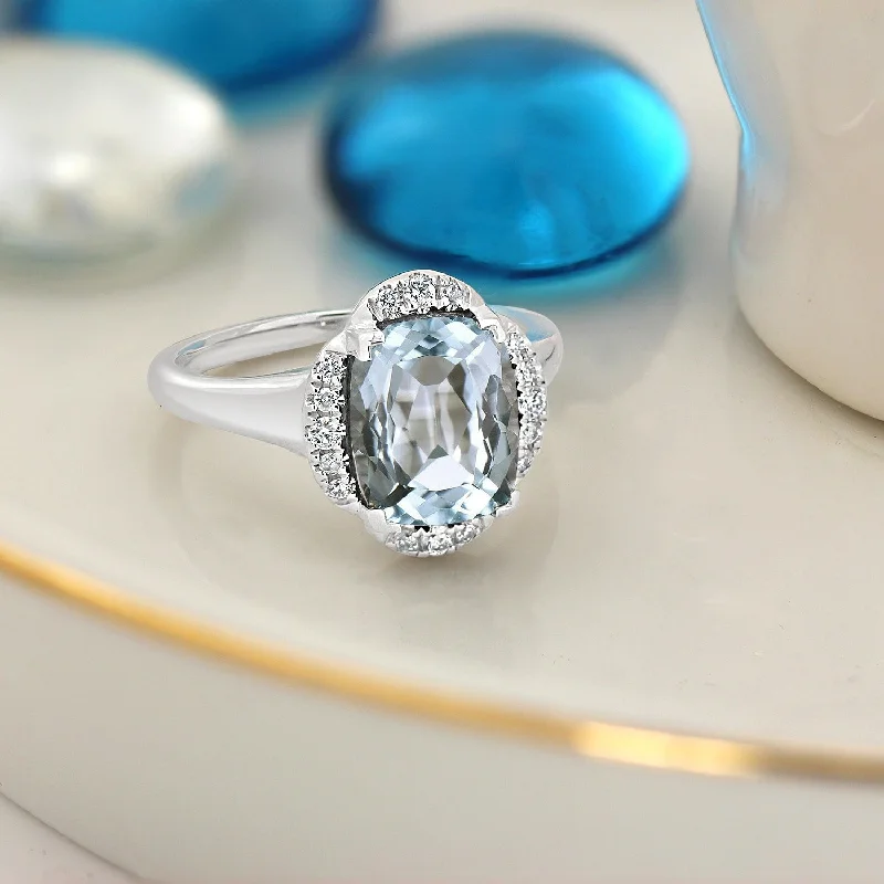 dainty gold ring for women -Auriya 2 3/8ct Cushion-cut Aquamarine Halo Diamond Engagement Ring 1/8ctw 14k Gold