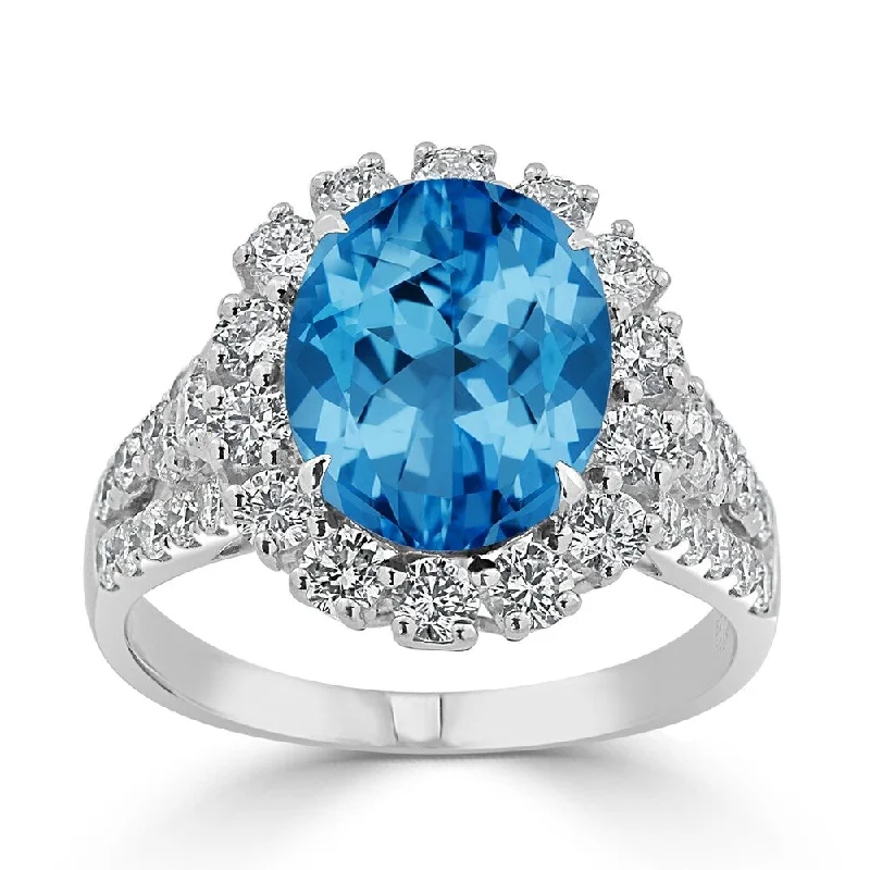 delicate gold ring for layering -Auriya 4 1/3ct Oval-cut Blue Topaz and Halo Diamond Ring 7/8ctw 18K Gold