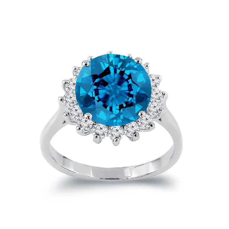 birthstone ring for moms -Auriya 4 5/8ct Round Blue Topaz Sunburst Halo Diamond Ring 5/8ctw 18K Gold