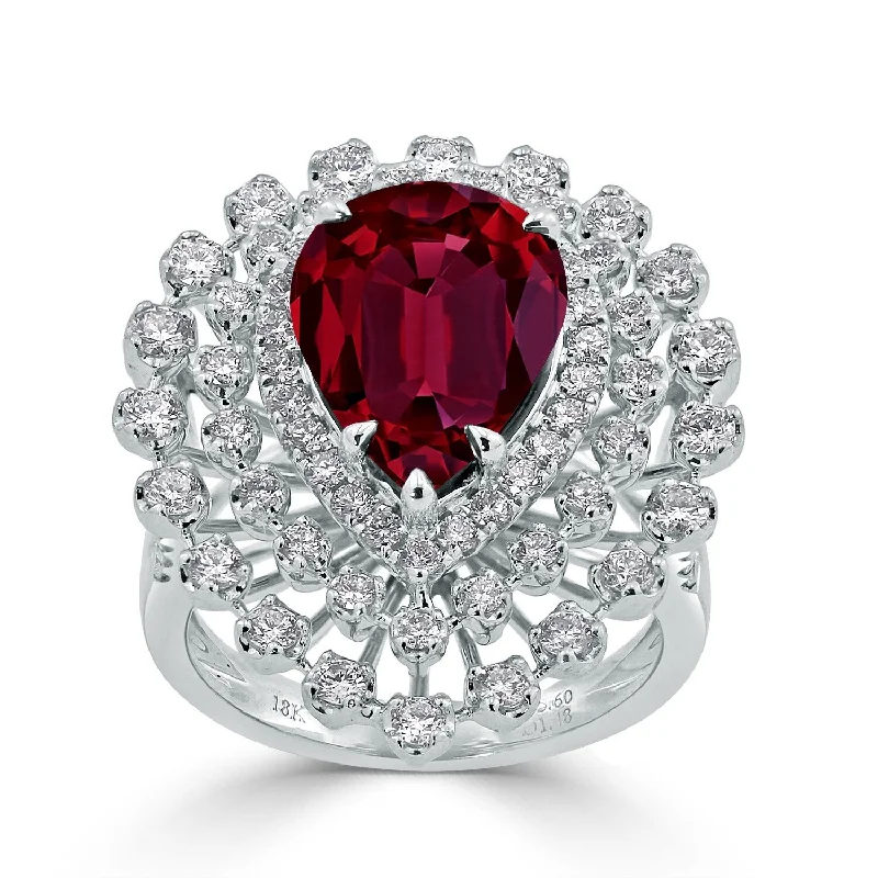 men’s wedding band with diamonds -Auriya 7 1/6ct Pear-cut Red Ruby and Halo Diamond Ring 1 1/2cttw 18K Gold