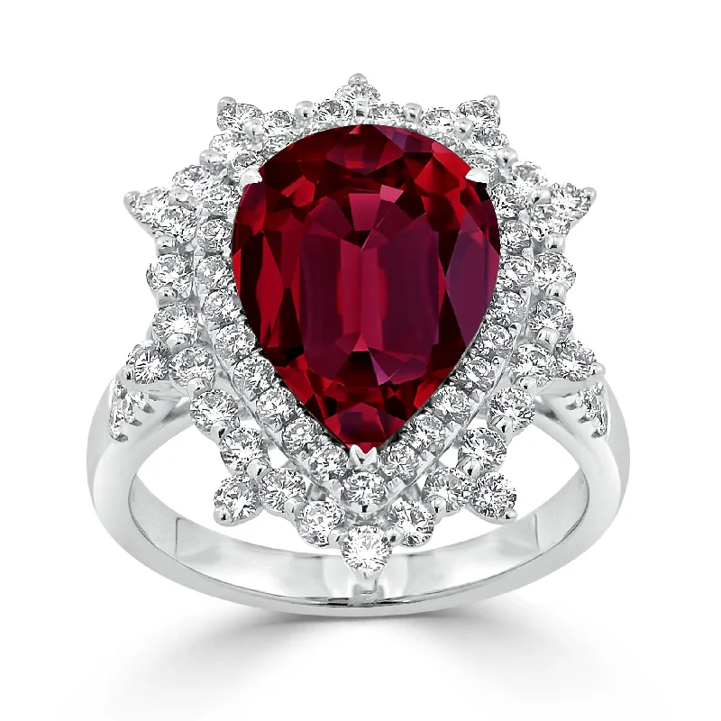 halo diamond ring for women -Auriya 7 1/6ct Pear-cut Red Ruby and Halo Diamond Ring 1 1/4ctw 18K Gold