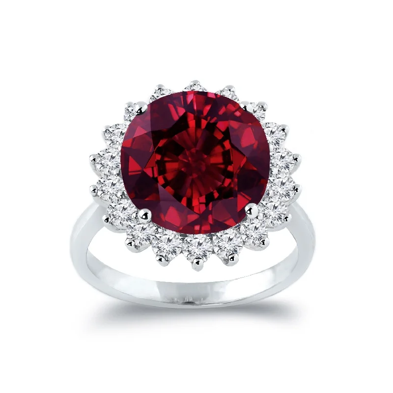 custom engraved ring for couples -Auriya 9 1/4ct Round Ruby Sunburst Halo Diamond Ring 1ctw 18K Gold