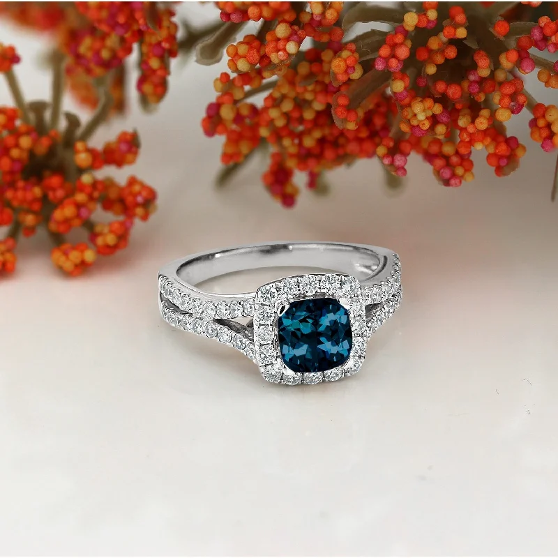 stackable rings for women -Auriya 9/10ct Cushion-cut London Blue Topaz Halo Diamond Engagement Ring 5/8ctw 14k Gold