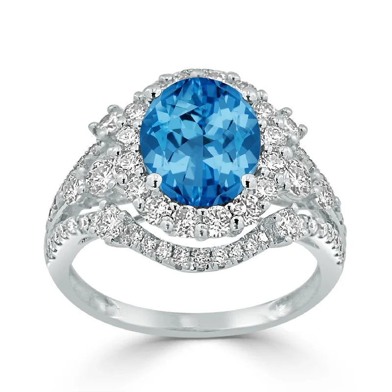 simple band ring for men -Auriya Vintage 3 1/5ct Oval Blue Topaz and Halo Diamond Ring 1 1/5ctw 18K Gold