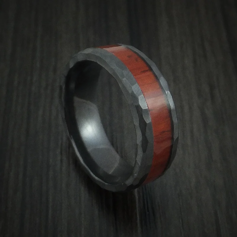 silver thumb ring for women -Black Titanium Rock Hammered Padauk Hard Wood Men's Ring Custom Made Band